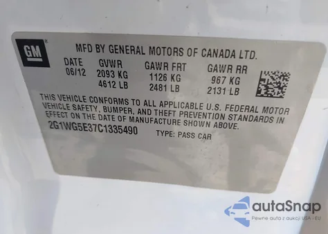 2012 Chevrolet Impala Lt z USA, uszkodzony, nr VIN 2G1WG5E37C1335490